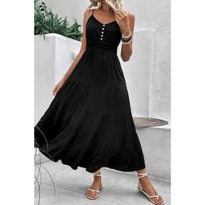 NEW UNISHE buttoned smocked waist maxi dress in black